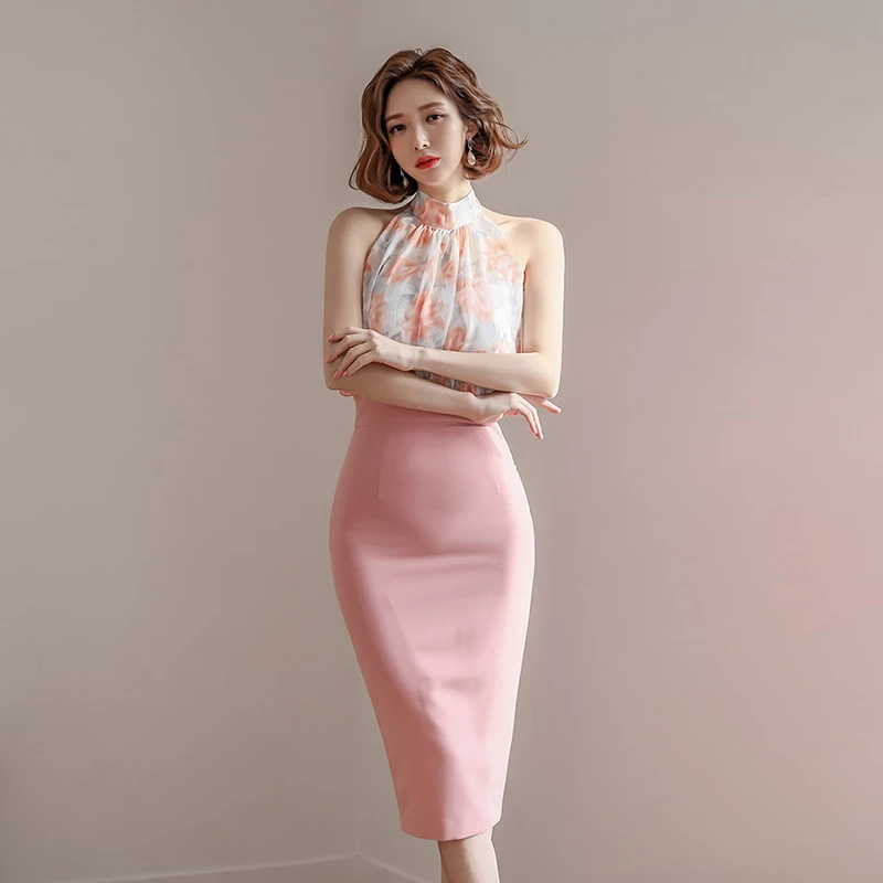 

new arrival fashion set for women sleeveless print shirt and slim pencil skirt office lady simple vintage cute two piece set