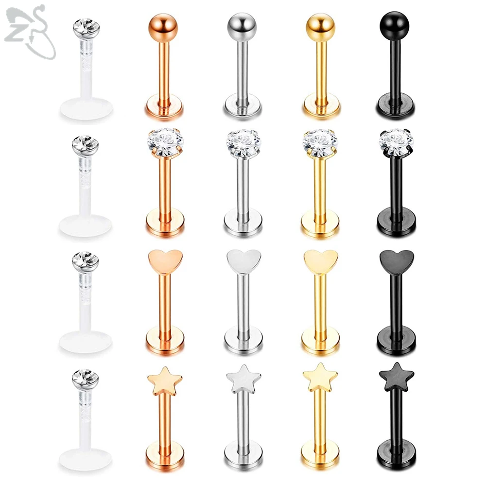 

ZS 20 Pcs/lot Mix Shape 16G Zircon Labret Lip Ring Stainless Steel Internally Threaded Labret Piercings Cartilage Helix Piercing