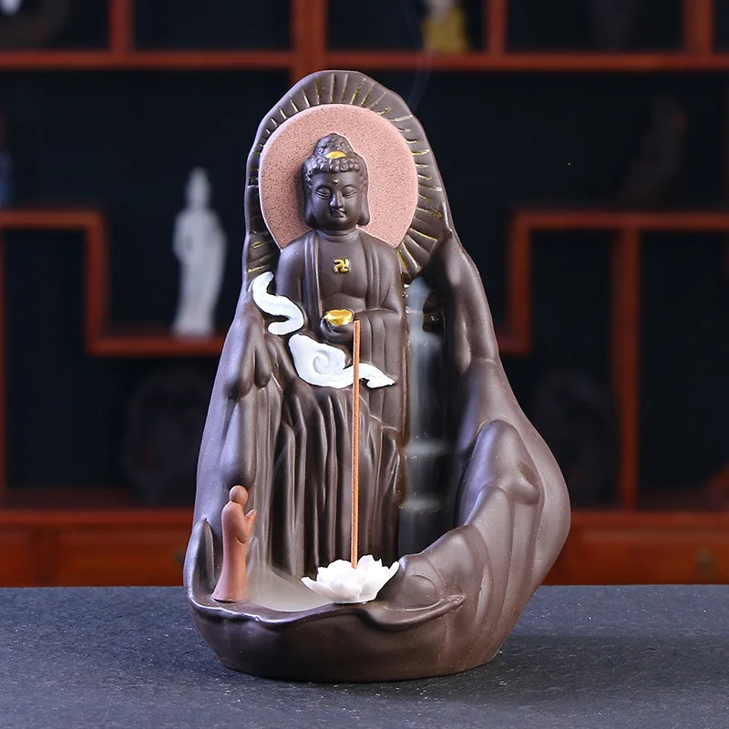 

Buddha Backflow Incense Burner Aroma Smoke Fountain Waterfall Incense Holders Yoga Home Room Decoration Censer Figurine Gifts