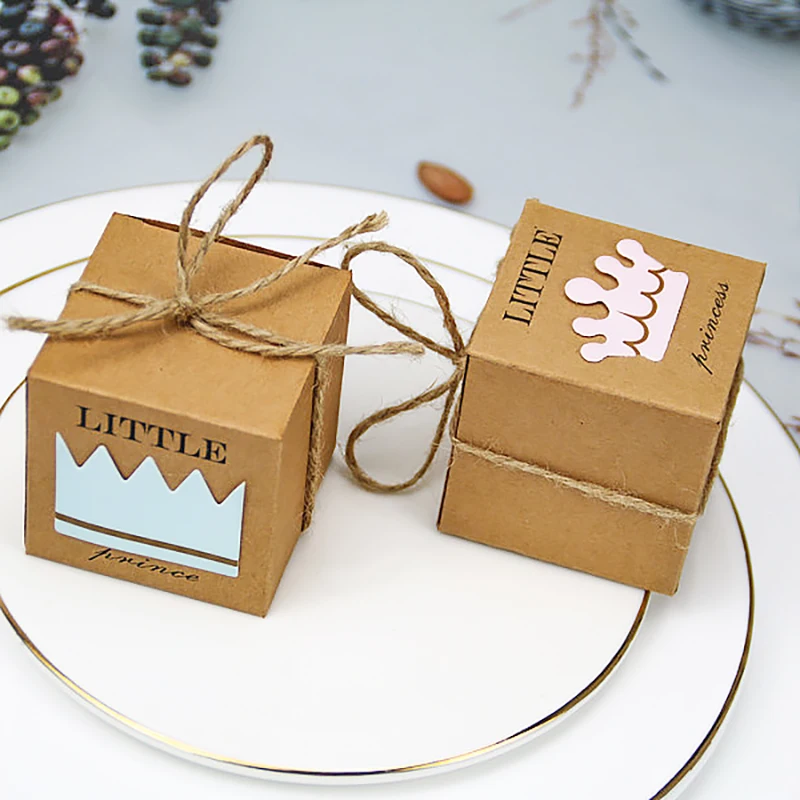 Little Prince Princess Brown Kraft Paper Gift Box Baby Shower Birthday Party Favors Candy Boxes with Crown and Twine