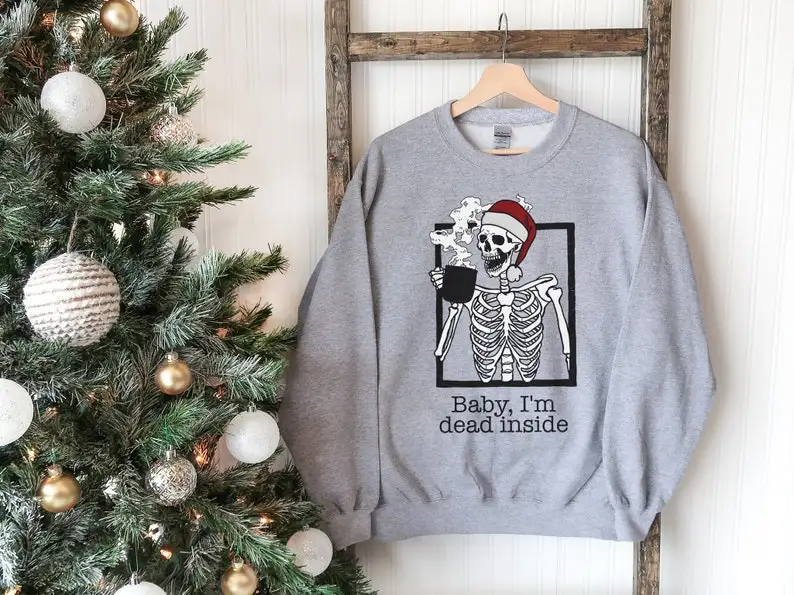 Sweatshirt Skeleton Drinking Coffee Funny Sweatshirt Christmas Funny Women Graphic Organic Vegan cotton Shirt Top Drop Shipping