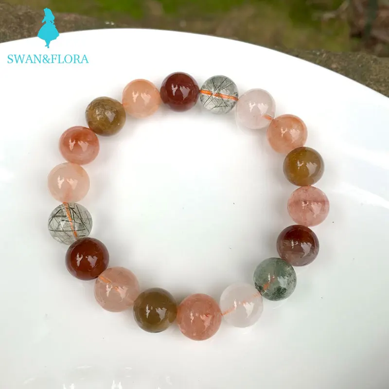 10-12MM Natural Brazil Colorful Rutilated Quartz Bracelet Crystal Gift Colorful Woman Round Beads Genuine jewelry