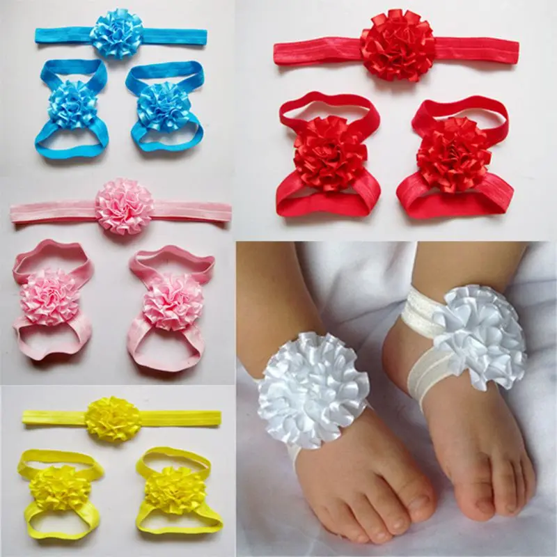 baby barefoot sandals and headbands set shoes newborn baby headband fabric flowers for headband girls children hair accessories