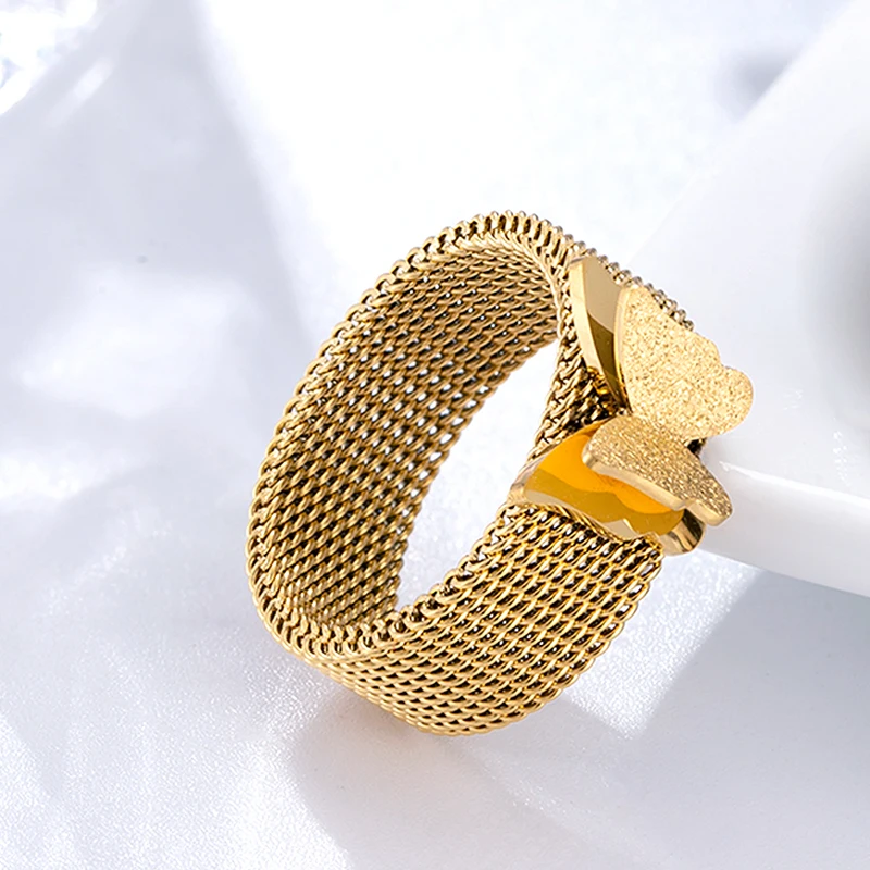 New Arrival Honeycomb Chain Inlaid Butterfly Ring Stainless Steel Gold And Silver Color Ring Fashion Jewelry For Woman Gifts