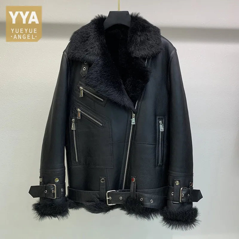 Women Motorcycle Shearling Jacket Punk Genuine Leather Coat Punk Zipper Real Fur New Winter Thick Warm Fashion Biker Outerwear