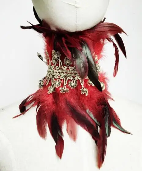 Feather Scarf Ring Women Red Lace Neckwear Fake Collar Gothic Vintage Singer