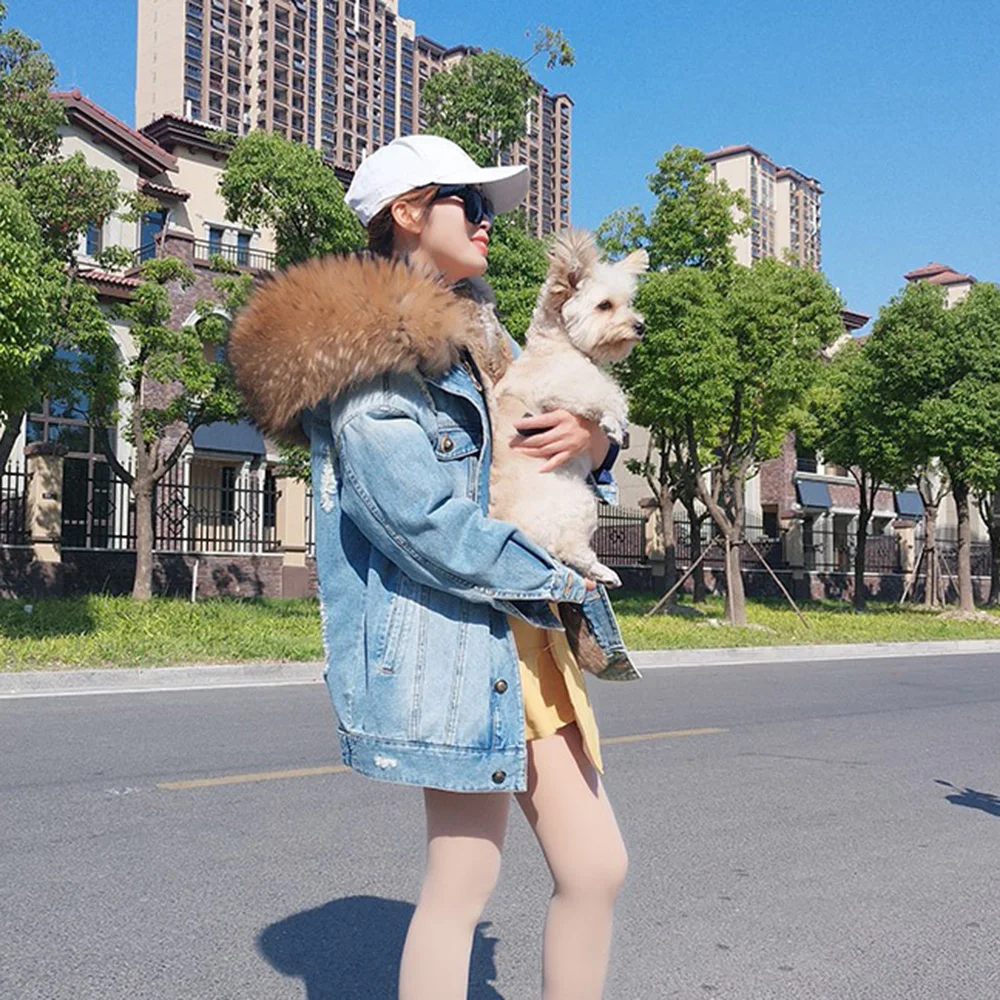 Maomaokong 2023 New Denim Fur Jacket Rabbit fur Liner Fox Fur Collar Coat Female Winter Coat Fashion Women Street Clothing