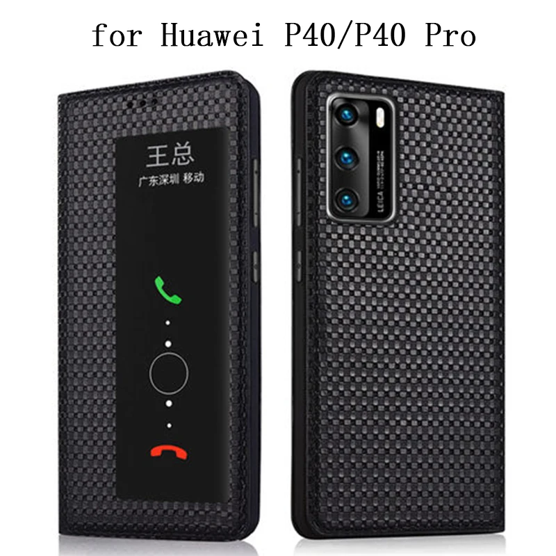 

Smart On/off Flip Case for Huawei P40 P40P Genuine Leather Cover Shell for Huawei P40 Pro Window View Bag free Screen Protector