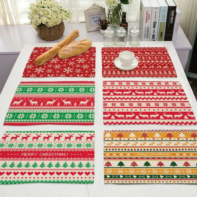 Christmas Tree Snowflake Cotton Linen Pad Dining Table Mats Coaster Bowl Cup Mat Pattern Kitchen Placemat Home Decor MX0010