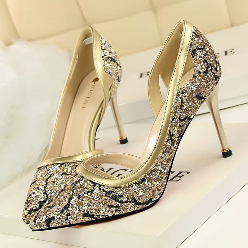 

Women Sequined Design Pointed Toe Pumps Women Super High Heel Shoes 6633-6