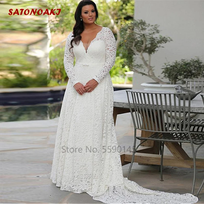 2024 Glamorous Lace Wedding Dress V-Neck A-Line Plus Size Long Sleeve Bridal Gown Vestido De Noiva Mariage Online Shop Custom