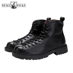 Winter Warm Fleece Motorcycle Boots Male British Style Round Toe Genuine Leather Short Boots Men Vintage Lace Up Cargo Shoes