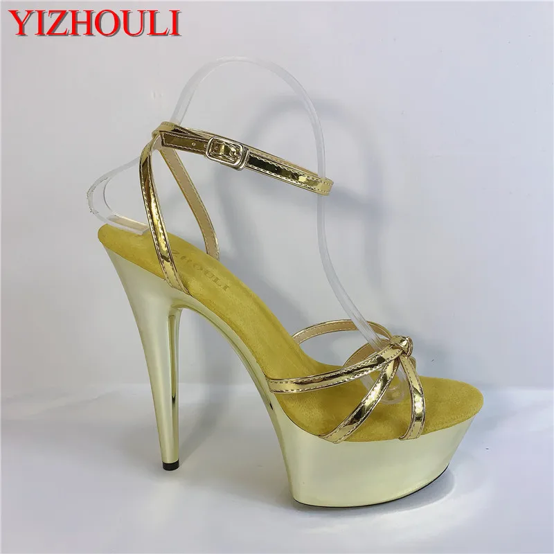 Sexy hollow out electroplated sandals, 15cm high heels, 6in cross-strap aqua gold sandals