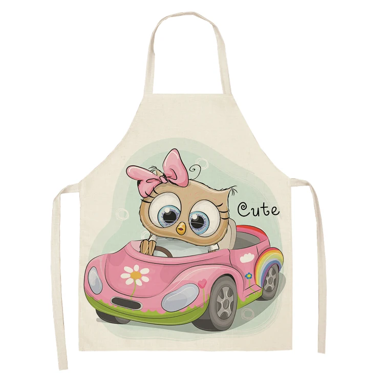 New Owl Flower Cartoon Pattern Printed Cotton and Linen Female Apron Household Daily Kitchen Cooking and Baking Oil-proof Bib