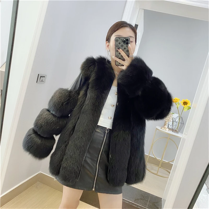 Real Fox Fur Coat for Women, Full Sleeves, Natural Fur Jacket, Female Sheepskin Coat, Plus Size, Winter