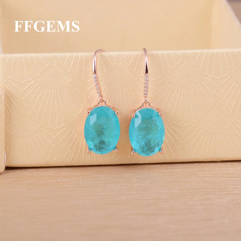 FFGems 100% Sterling Silver 925 Earrings Paraiba Emerald Oval Rose Gold Jewelry For Women Wedding Party Gift Wholesale Freeship