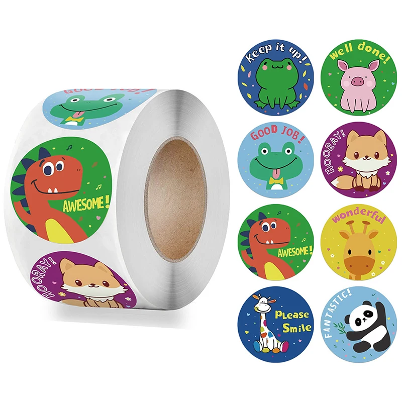 New 500pcs/roll Cute Dinosaur Animals Reward Sticker English Words 8 Designs Encourage Labels for Kids Toy 1 inch Round Sticker