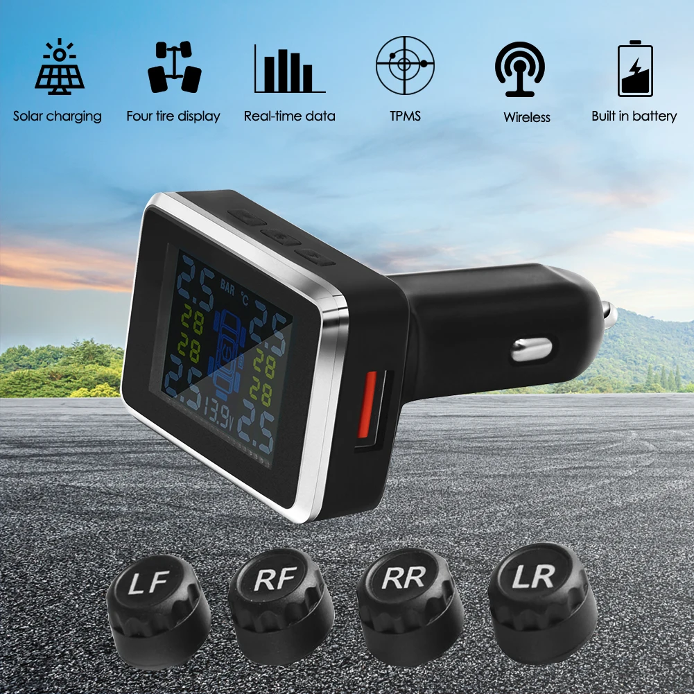 Wireless Car TPMS Tire Pressure Monitoring System LCD Display TPMS Cigarette Lighter Tyre Pressure Temperature Warning Alarm