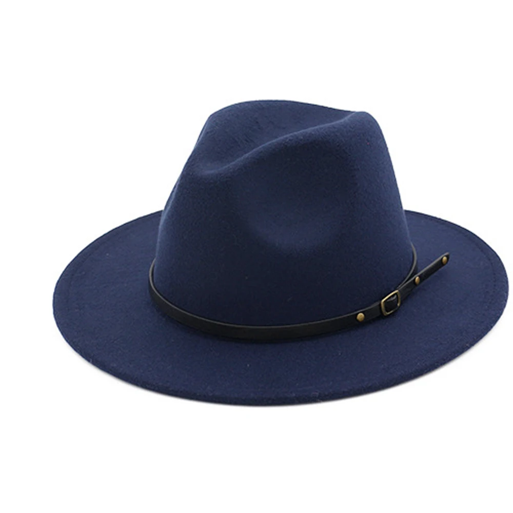 QBHAT Trendy Navy Blue Royalblue Patchwork Faux Wool Fedora Hats Women Men Felt Vintage Panama Jazz Cap with Belt Buckle