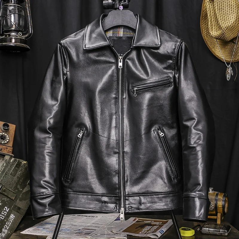 Black Retro Genuine Leather Jacket Men Slim Short Cowhide Coat Brand Zipper Punk Biker Jacket Winter Outerwear Oversize 6XL