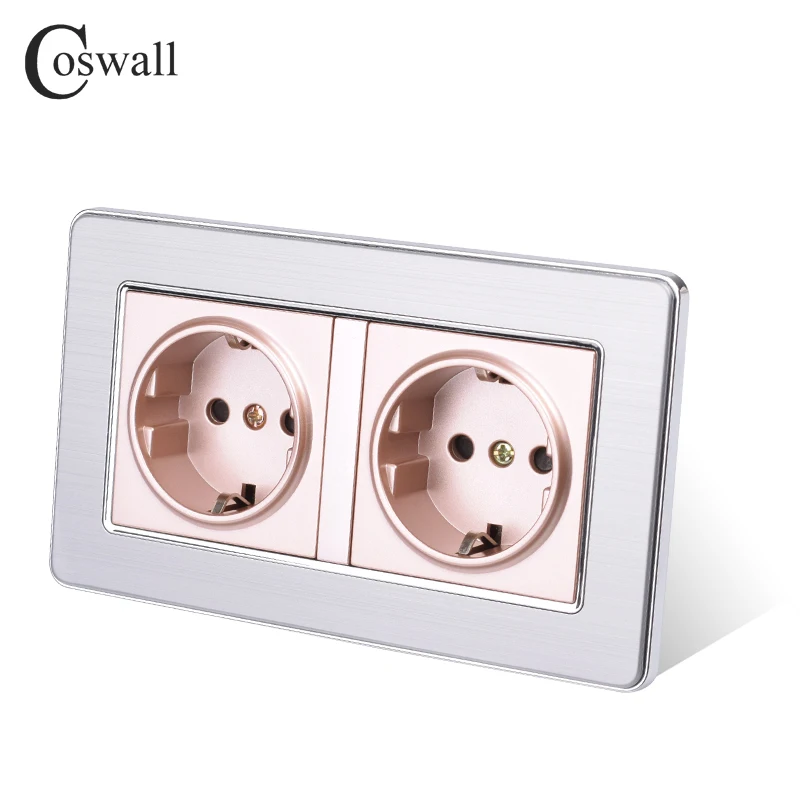 COSWALL 16A Double EU Standard Wall Socket Luxury Power Outlet Grounded Stainless Steel Panel With Children Protective Door