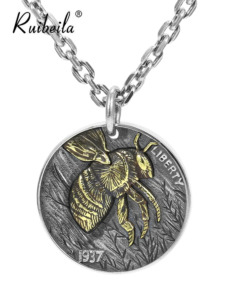 

Ruibeila Round Bee Pendant Unisex 925 Silver Retro Thai Silver Wandering Coin Pendant For Girlfriend Gift Jewelry