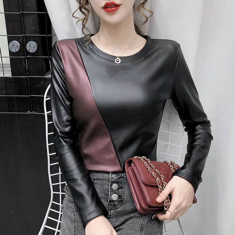 Winter Women\'s Blouse Leather Tops for Women Patchwork Oversize 4XL PU Leather Shirt Women Elastic Warm Velvet Top Women Shirts