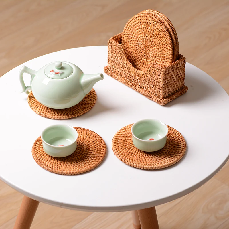 Round Hand Weaved Natural Rattan Coaster Set Of 6 Pieces With Storage Holder Home Tablet Square Vine Heat Proof Mat Pot Pad