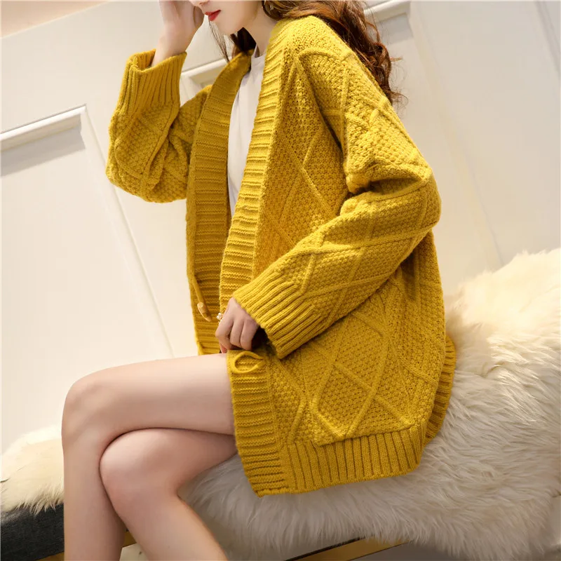 Red Thick Warm Knitted Sweater Women Student Tops Autumn Winter Fashion Casual Loose Big Pocket Knit Cardigan Ladies Jumper