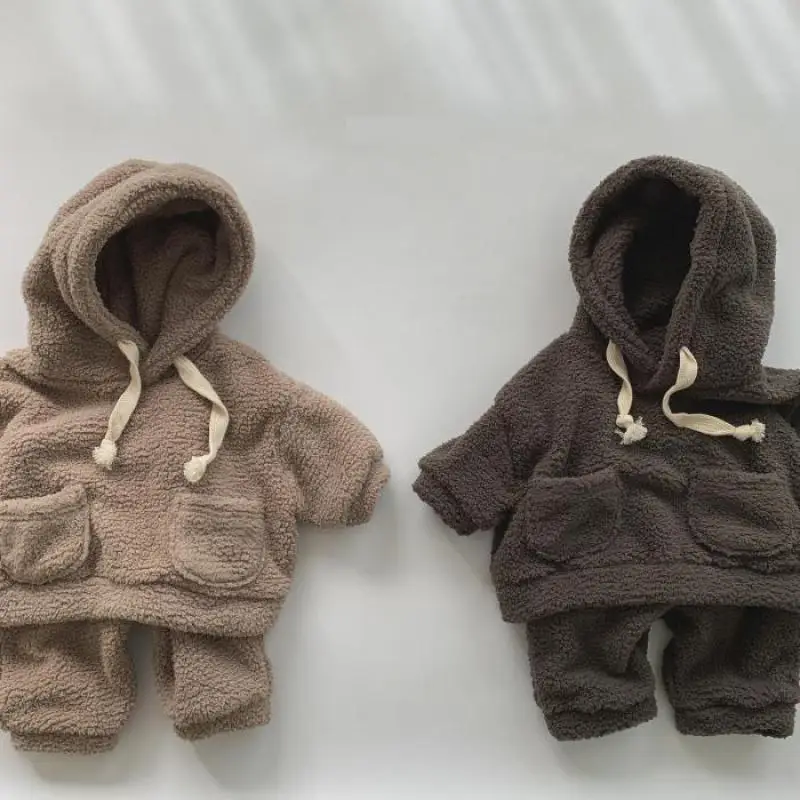 2024 Winter Baby Plush Fleece Thicken Warm Hoodies Sets Toddler Boys Hooded Sweatshirt And Pants Set Children 2pcs Clothes Suit