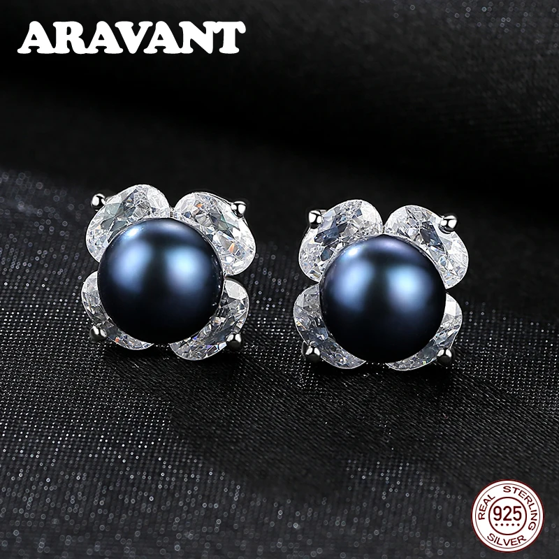 Aravant 925 Sterling Silver Flowers Black Pearl Earrings For Women Fashion Jewelry Gift