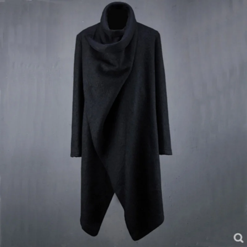 Warm Gothic Trench Coat Street Style Irregular Medium-Long Woolen Coat Men Autumn Winter Warm Black Casual Overcoat Plus Size