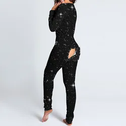 Women Pijamas Onesies Button Down Harajuku Black Print Functional Buttoned Flap Adults Romper Jumpsuit Sleepwear Pajamas Pyjama