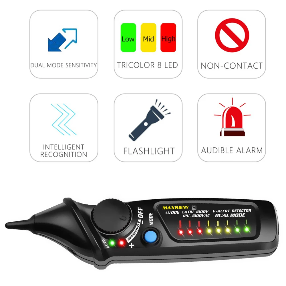 MAXRIENY Contactloze spanningsdetectortester AVD06 Socket Stopcontact Live Test Pen Indicator 12 ~ 1000V NCV Continuïteitstestmeter