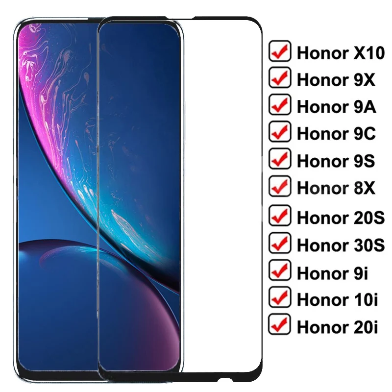 Full Protective Glass For Huawei honor X10 9X 9A 9C 9S 8X  Tempered Screen Protector On Honor 20S 30S 9i 10i 20i Glass