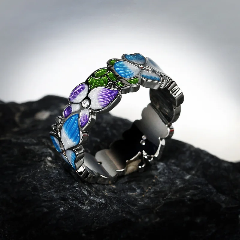 Luxury 925 Silver Handmade Enamel Blue Dripping Oil Butterfly Flower Ring Exquisite Jewelry Party For Ladies