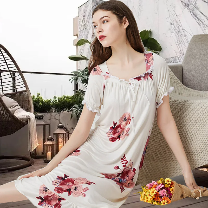 Summer Womens Nightgown Floral Cotton Short Sleeve Vintage Nightdress Lace Long Sleepwear Sexy Home Night Dress Nightwear Women