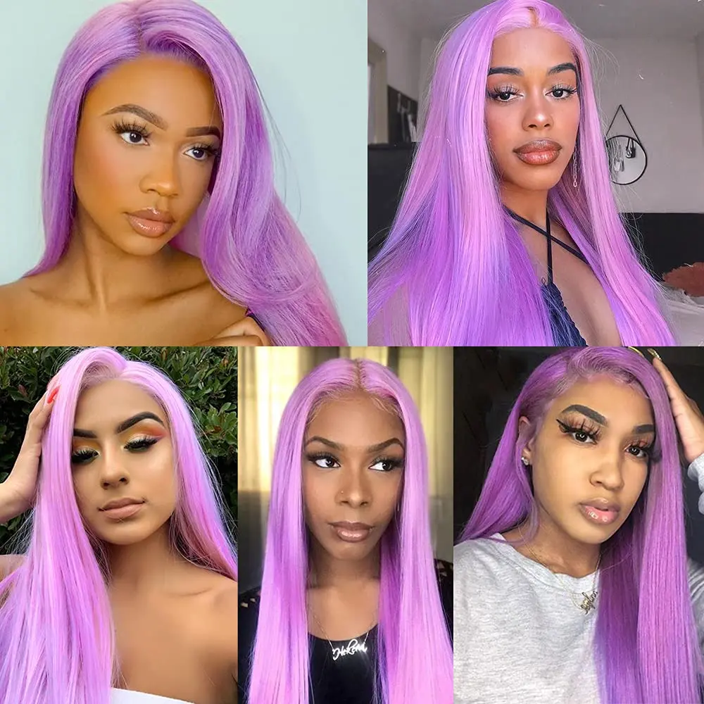 Peruca de cabelo reto longo roxo claro para mulheres, cabelo de fibra resistente ao calor sem cola, perucas sintéticas, moda