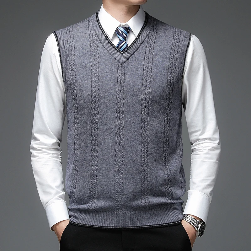 New 2021 Men's Sleeveless Wool Knitwear Casual V-Neck Sweater Vest Male Knit Vest Pullover Sweaters view 3