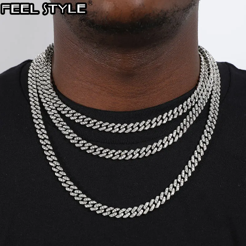 Hip Hop AAA+ Bling 8MM Miami Cuban Chain 1 Row Iced Out Rhinestone Zircon Paved Necklaces Bracelets for Men Women Jewelry