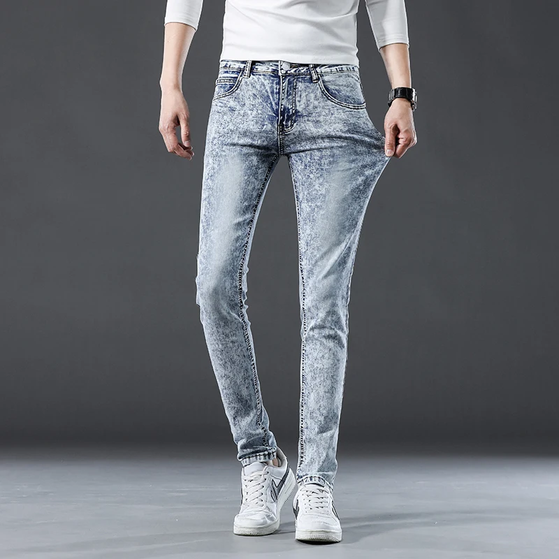 Light Blue Snowflake Jeans Men Fashion Youth Casual Streetwear Slim Skinny Straight Cotton Comfortable Male Denim Pants