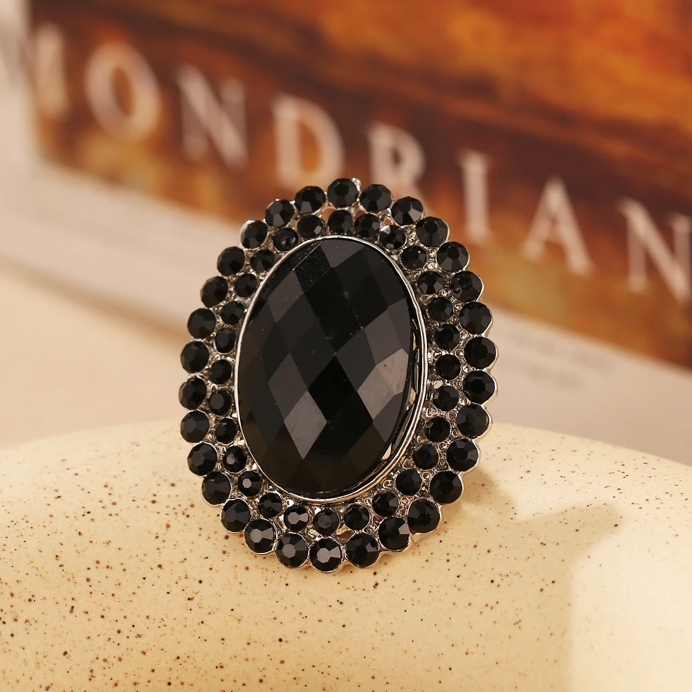 Bohemian style big black stone resin ring antique rhinestone Turkish jewelry vintage wedding ring female accessories