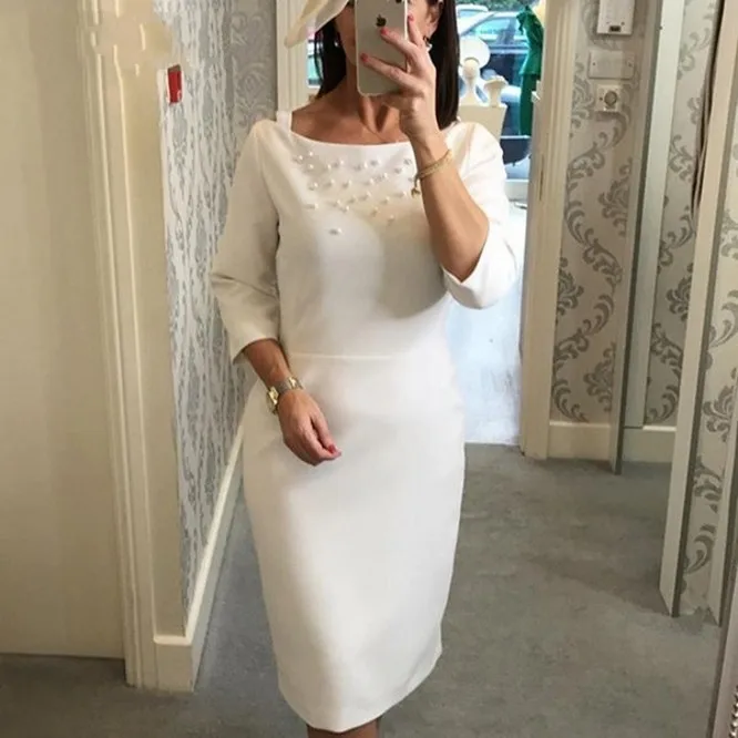 Robe blanche pour mère de la mariée, longueur genou, deux pièces avec veste, en Satin, pour bal de mariage