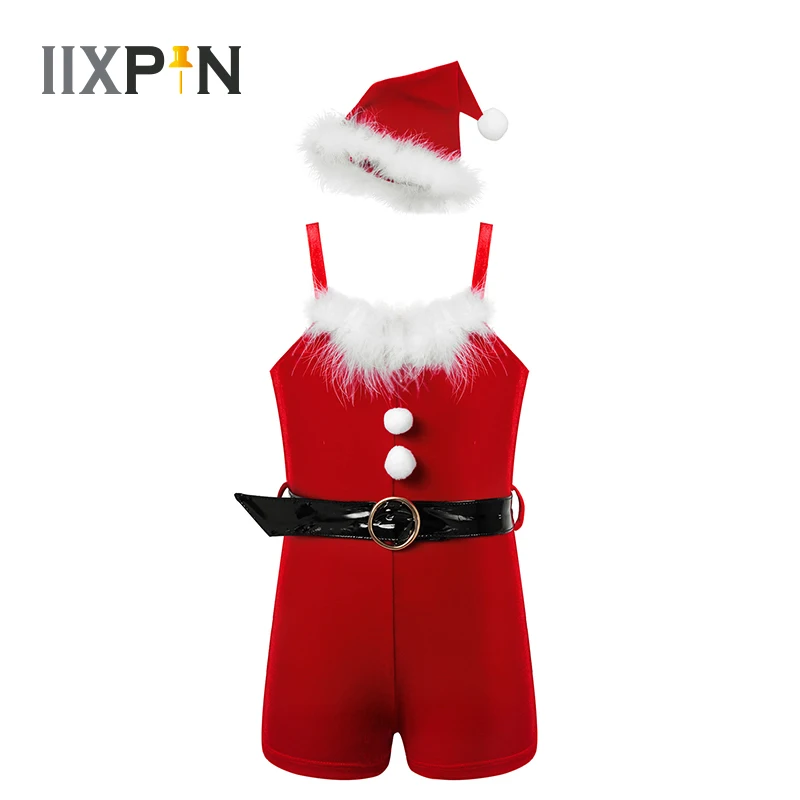 

Christmas Dancewear Girls Santas Helper Dance Costume Kids Spaghetti Shoulder Straps Velvet Leotard Jumpsuit Biketards with Hat