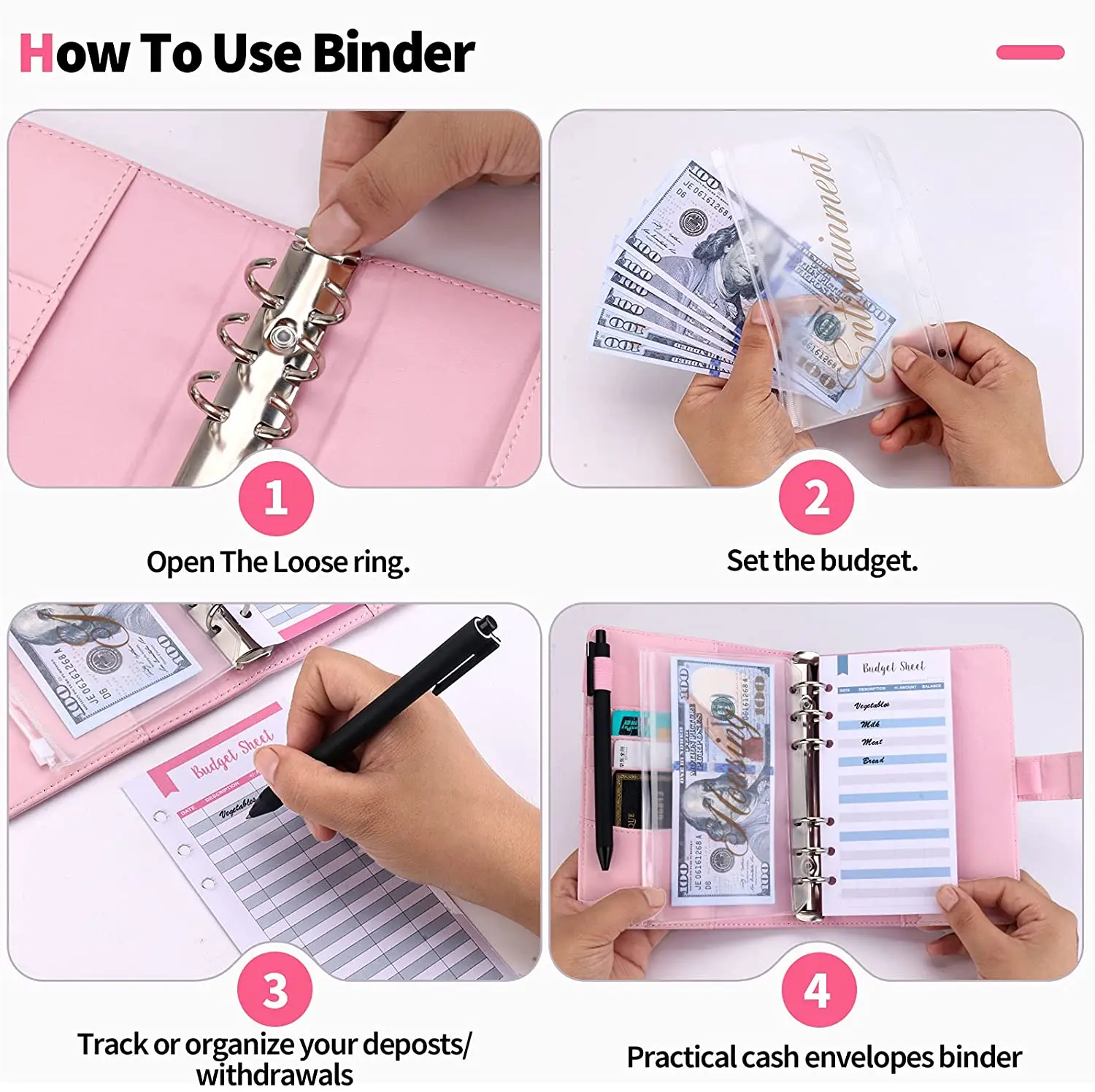 A6 PU Leather Binder Budget Planner Cash Envelopes Wallet with 12 Binder Pockets,12 Budget Sheets and Stickers,for Saving Money