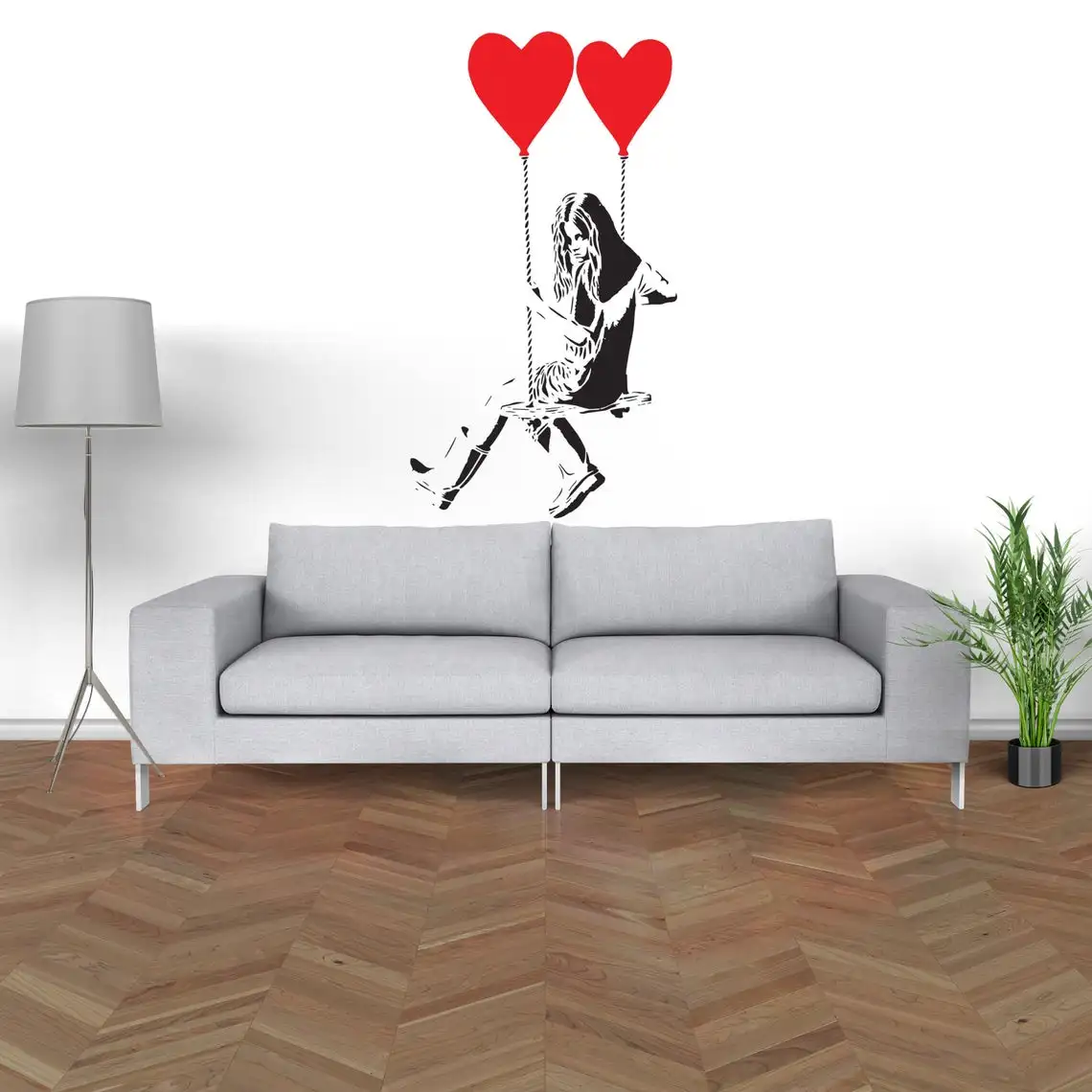 Banksy Swing Girl With Heart Balloon Wall Sticker Kids Room Living Room Graffiti Balloon Hot Air Pop Art Girl Wall Decal