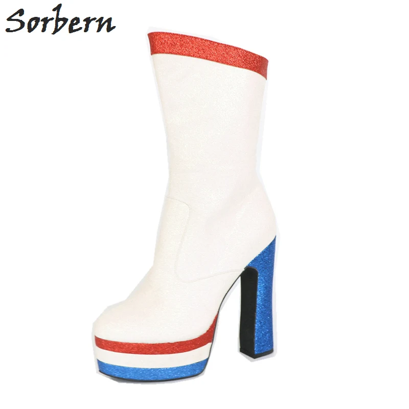 Sorbern White Glitter Women Boots Block Heels Made-To-Order Chunky High Heel Booties Cosplay Platform Boots Big Size 35-46