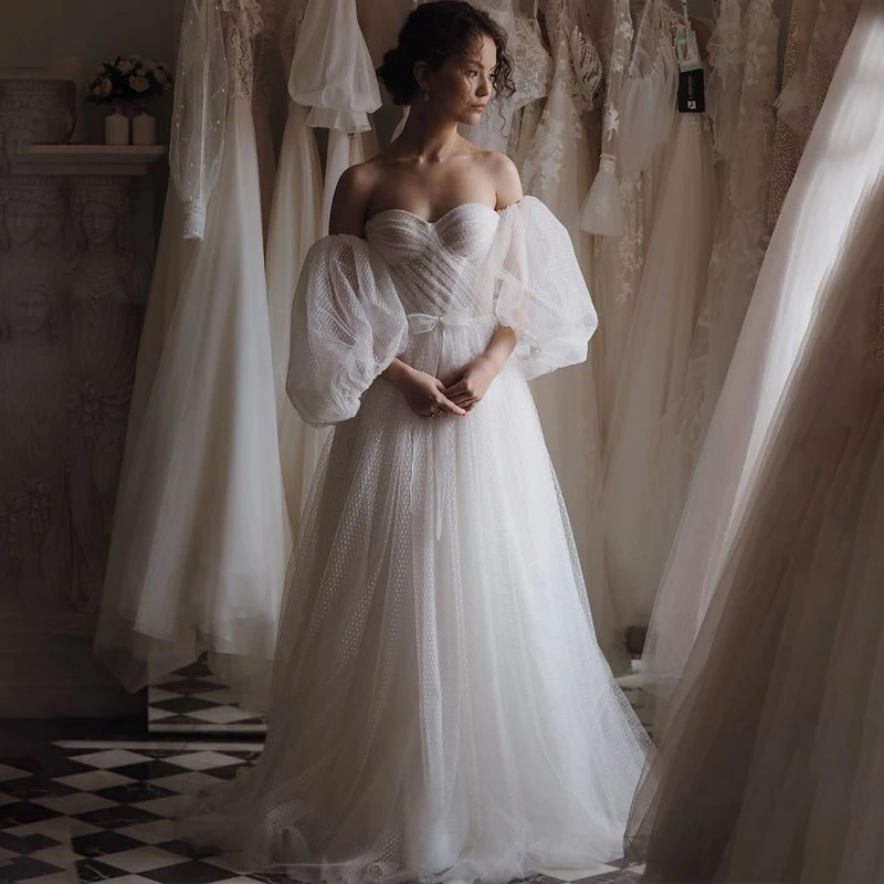 

2022 Sweetheart Bow Pleats Detachable Puff Sleeve Lace Up A-Line Dot Tulle Wedding Dress Bridal Gowns Vestido De Noiva