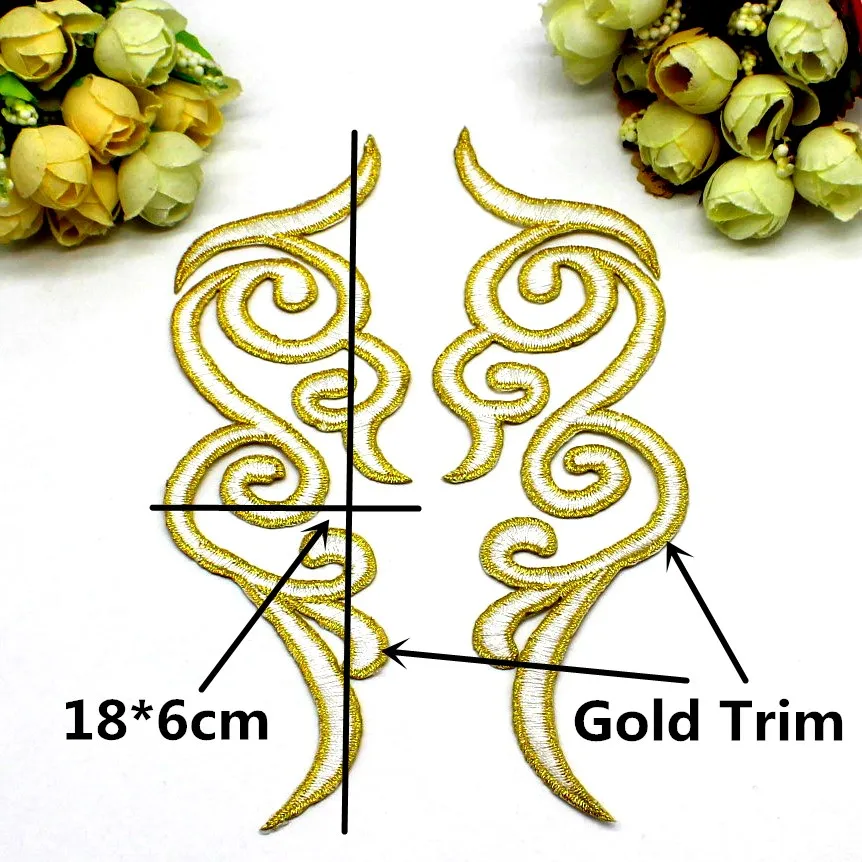 1 paio di ferro su Appliques finiture ricamate in oro abito Cosplay fai da te pizzo Trim Mirrow coppia patch fiore Pad 18cm-5.0cm