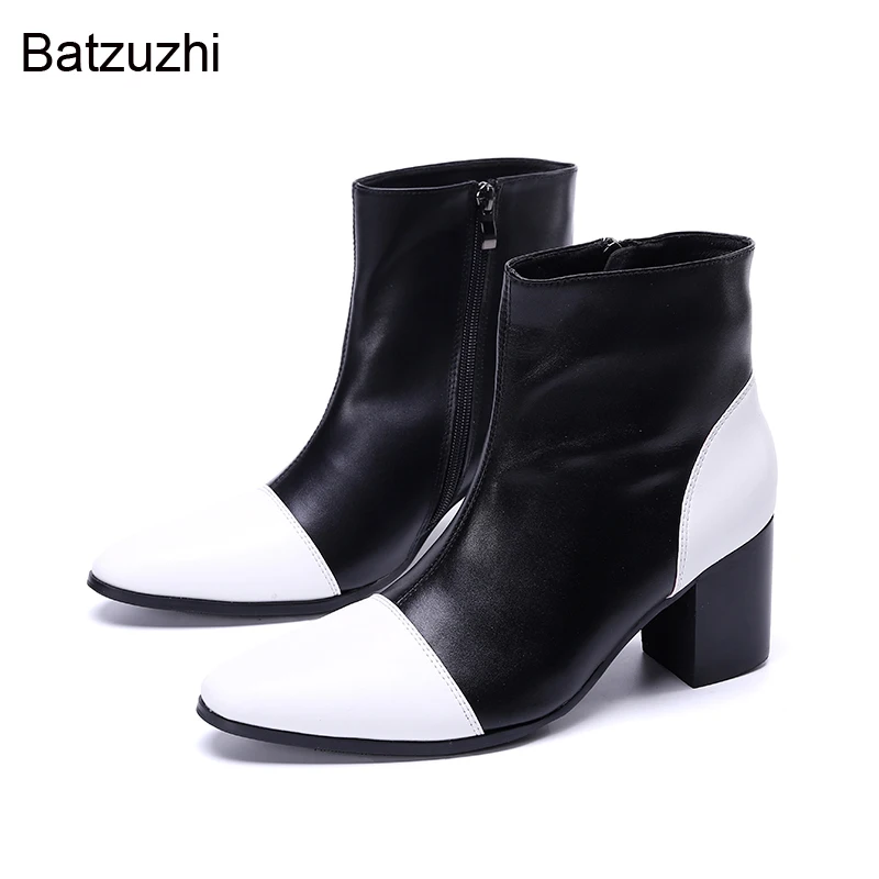 

Batzuzhi Men's Boots 7.5cm Heels Highs Black White Genuine Leather Ankle Boots Men for Party & Wedding Male Handmade Personality